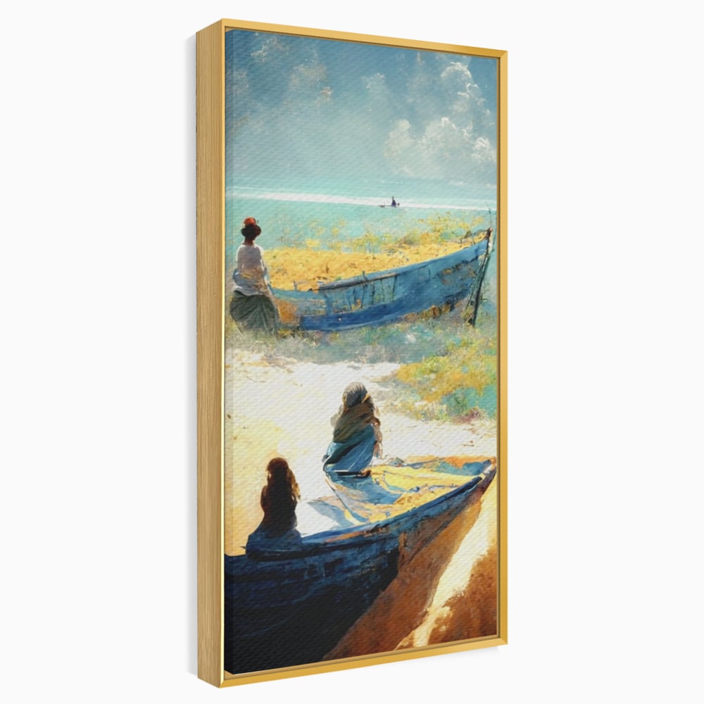 Tablou canvas cu tablou canvas cu femei pe plaja si barci, in rama de aluminiu auriu